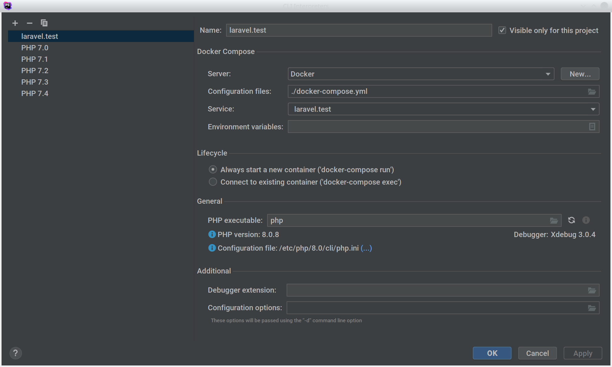 The CLI interpreter dialog of PHPStorm Settings.