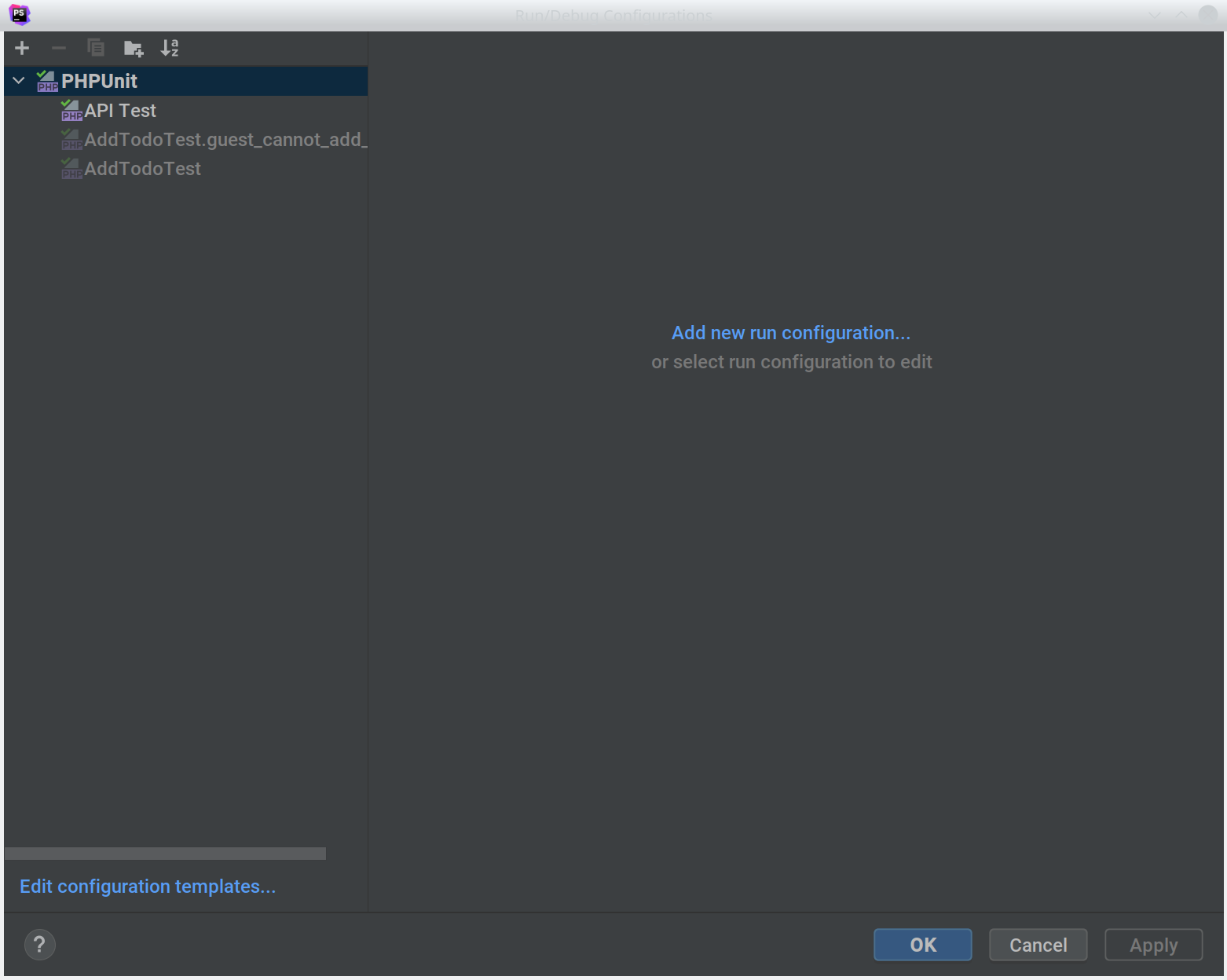 PHPStorm runtime configurations dialog.